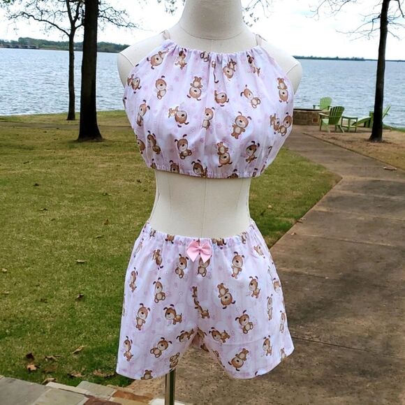Hey Sue! Vintage Dogs Flowers Handmade Crop Top Shorts Set 70s Style - Picture 1 of 8